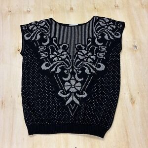 Vintage Picture Sweater Vest Womens Large Black Floral Tight-Knit Glitter USA